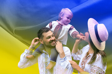Double exposure of happy family wearing national clothes and Ukrainian flag