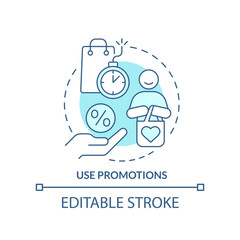 Use promotion turquoise concept icon. Special offers and discounts. Managing prices abstract idea thin line illustration. Isolated outline drawing. Editable stroke. Arial, Myriad Pro-Bold fonts used