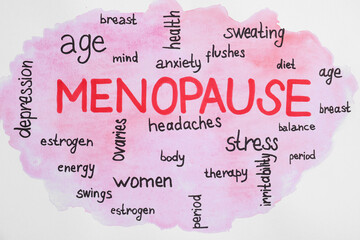Word Menopause and its symptoms on white background, top view