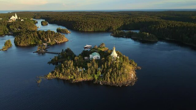 AERIAL: A hermitage located on a small island in Lake Ladoga, Karelia