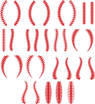 red stitches of baseball Stitch. red stitch or stitching of the baseball. red lace seam sign. flat style.