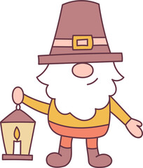 Pilgrim gnome with lantern with candle. Thanksgiving day concept. Cartoon style. Vector illustration..
