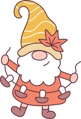Cute gnome with mushroom garland. Thanksgiving day concept. Cartoon style. Vector illustration..