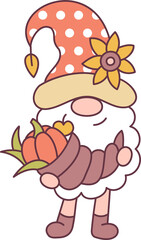 Cute gnome with cornucopia. Thanksgiving day concept. Cartoon style. Vector illustration.