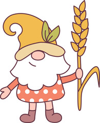 Funny gnome with big wheat ear. Thanksgiving day concept. Cartoon style. Vector illustration..