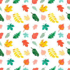 Hand drawn watercolor autumn leaves seamless pattern on white background. Can be used for textile, Scrapbook design, banner.