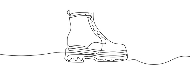 Continuous one line drawing silhouette of boots. The boots linear icon. One line drawing background. Vector illustration. Linear boots background