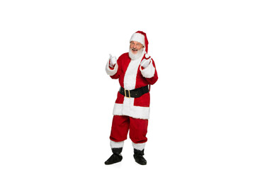 Portrait of senior man in image of Santa Claus with fingers up to show positivity isolated over white background