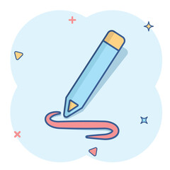 Pencil notepad icon in comic style. Document write vector cartoon illustration on white isolated background. Pen drawing business concept splash effect.