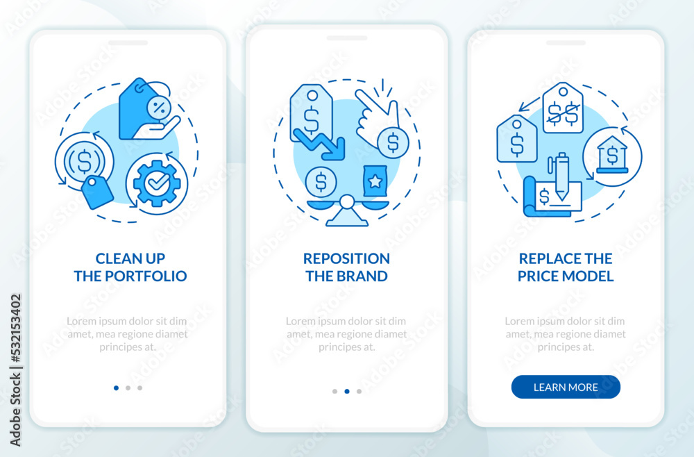 Poster dealing with inflation in business blue onboarding mobile app screen. walkthrough 3 steps editable g
