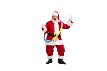 Portrait of positive senior man in image of Santa Claus with gymnastic hoop isolated over white background
