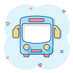 School bus icon in comic style. Autobus vector cartoon illustration on white isolated background. Coach transport business concept splash effect.