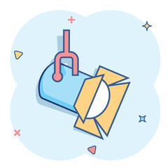 Spotlight icon in comic style. Lamp vector cartoon illustration on white isolated background. Flashlight business concept splash effect.