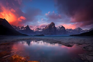 beautiful landscape of glacial mountains lakes, forests and flowers with rocks
