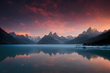 beautiful landscape of glacial mountains lakes, forests and flowers with rocks