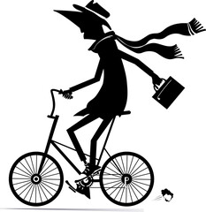 Young man rides a bike. 
Smiling young man with a bag rides a bike. Black on white background
