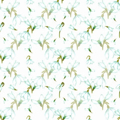 Hand drawn watercolor snowdrop flowers and leaves seamless pattern on white background. Can be used for textile, Scrapbook design, banner, greeting card, invitation.