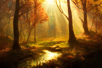 Naklejka na ściany i meble Sunlight in an autumn forest. 