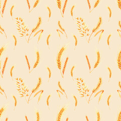 Hand drawn watercolor yellow dry spike seamless pattern on cream background. Scrapbook design, typography poster, label, banner.