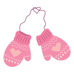 Pair of woolen knitted mittens with zigzag pattern. Woolen knitted gloves isolated on the white background. Vector illustration.