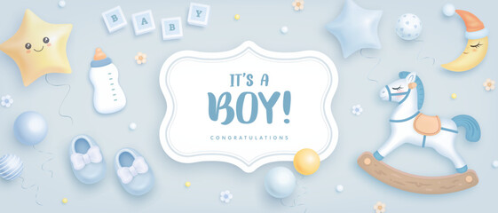 Baby shower horizontal banner with cartoon toys, helium balloons and flowers on blue background. It's a boy. Vector illustration