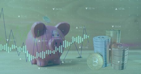 Image of financial data processing over money and bank pig