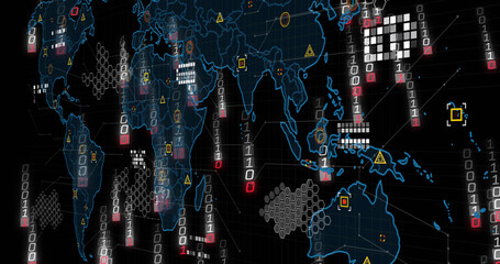 Image of binary coding and data processing over world map