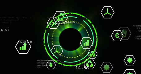 Image of scope scanning over data processing with icons on black background