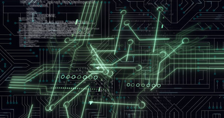 Image of computer circuit board with data processing on black background
