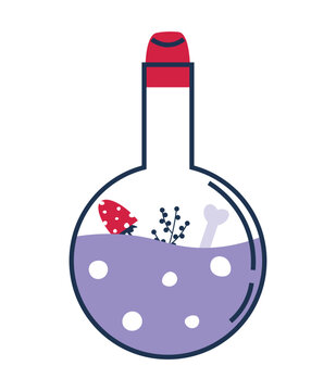 Flask of potion. Halloween attributes. Witch's magical lilac elixir. Witchcraft potion or poison. Flat vector illustration on white background.