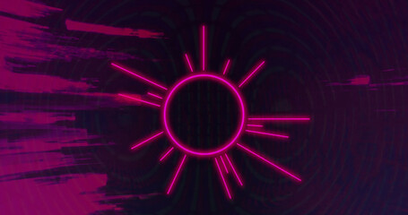 Images of moving pink sun and glowing shapes over black background