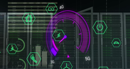 Image of data processing and server room over speedometer