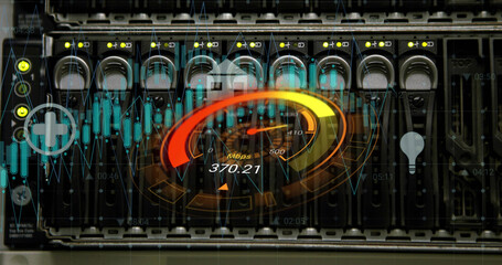 Image of data processing and server room over speedometer