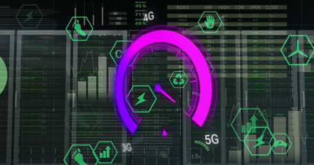Image of data processing and server room over speedometer