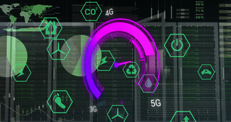 Obraz premium Image of data processing and server room over speedometer