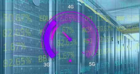 Image of data processing and server room over speedometer