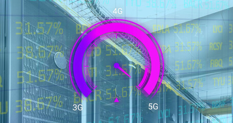 Image of data processing and server room over speedometer