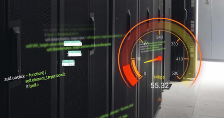 Image of data processing and server room over speedometer