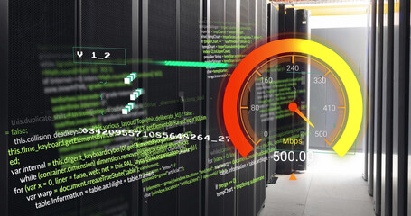 Image of data processing and server room over speedometer