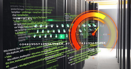 Image of data processing and server room over speedometer