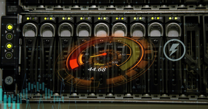 Image of data processing and server room over speedometer