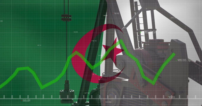 Image of financial data processing and flag of algeria over oil pump