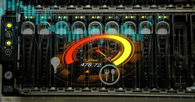 Image of data processing and server room over speedometer