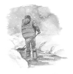 Obraz na płótnie Canvas 雪かきをする人 モノクロ画　単色画