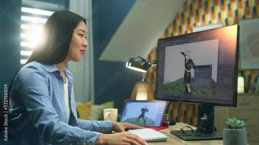 Poster Asian female 3D designer making animation for video game character using modern computer and tablet and software for creating 3D modeling projects