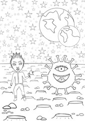 The alien and the boy on the planet coloring book