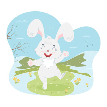 Happy rabbit. Spring character outdoors in a spring flowering meadow. Cute seasonal vector illustration in flat cartoon style.