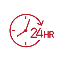 24 hours with clock icon, Opened order execution or delivery, All day business and service sign, Vector illustration