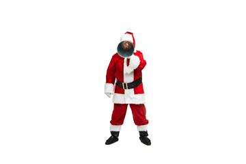 Portrait of senior man in image of Santa Claus looking in tube isolated over white background