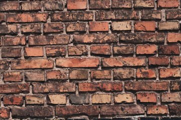 Red antique old brick wall closeup, banner blank background with space for text.